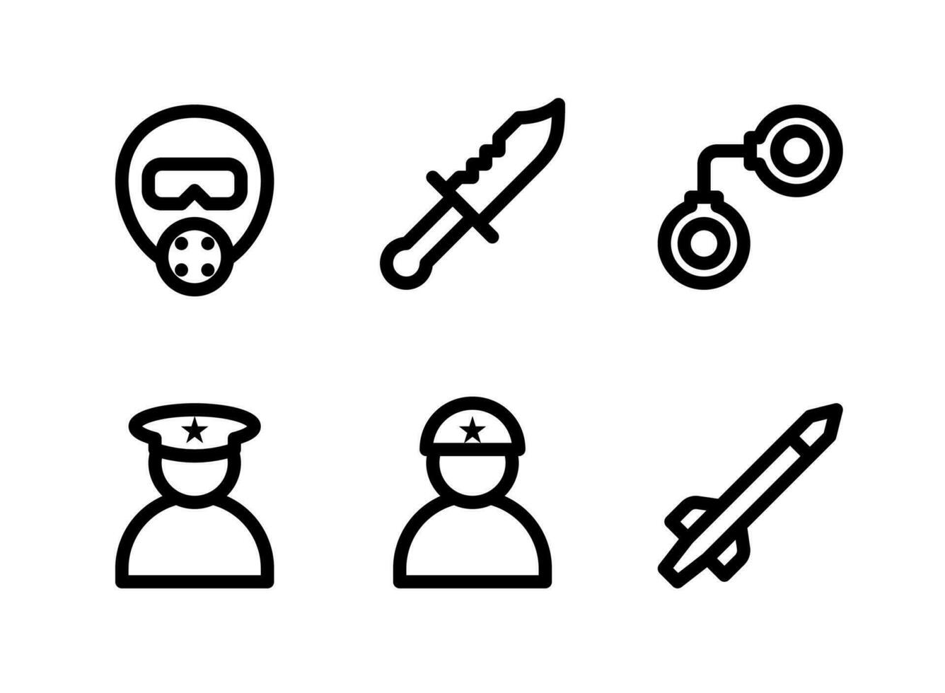 simple conjunto de iconos de líneas vectoriales relacionadas con militares. contiene iconos como máscara de gas, cuchillo, esposas, soldado y más. vector