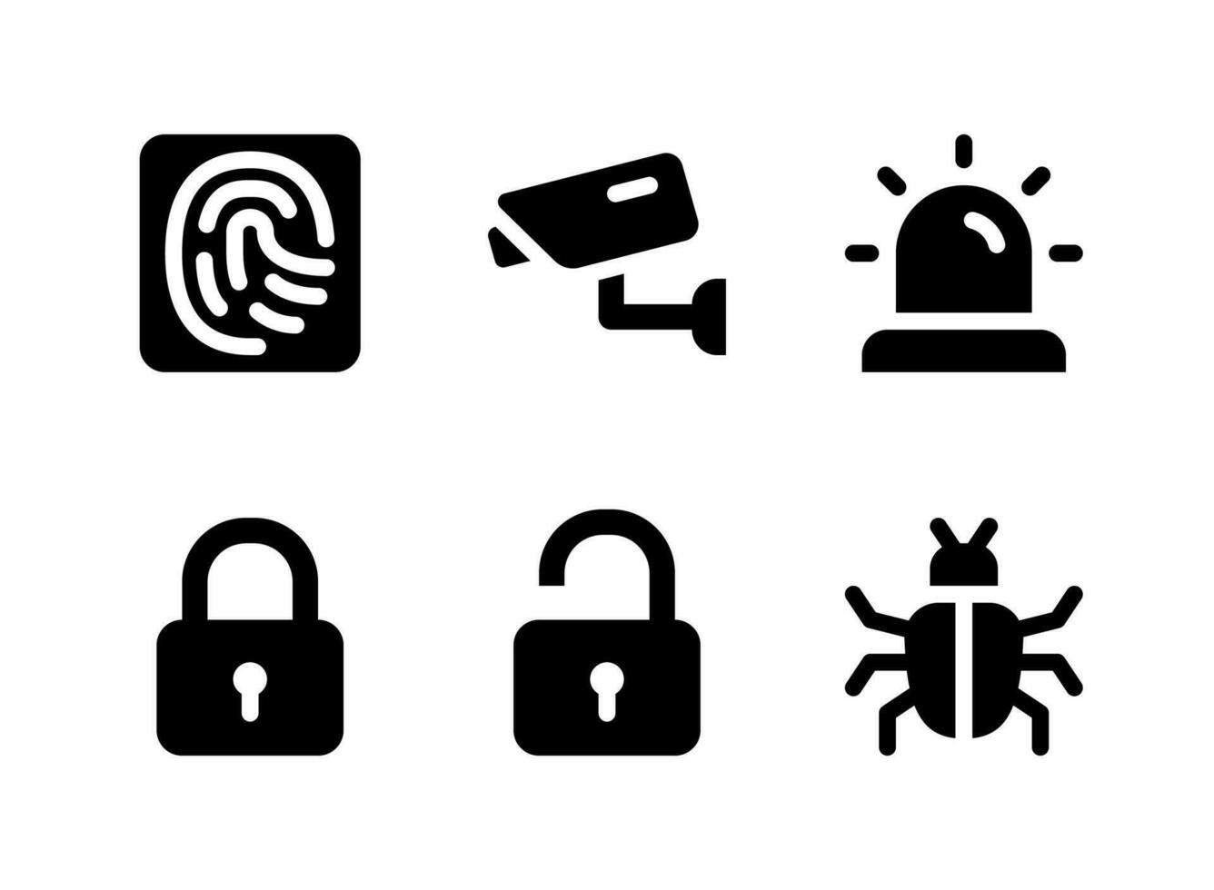 Simple Set of Security Related Vector Solid Icons. Contains Icons as Finger Print, Lock, Unlock, Bug and more.