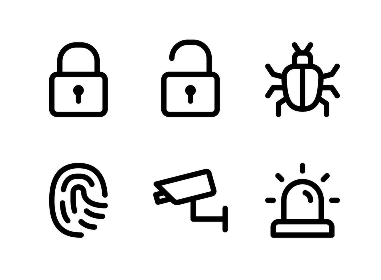 conjunto simple de iconos de líneas vectoriales relacionados con la seguridad. contiene iconos como bloqueo, desbloqueo, error, huella digital y más. vector