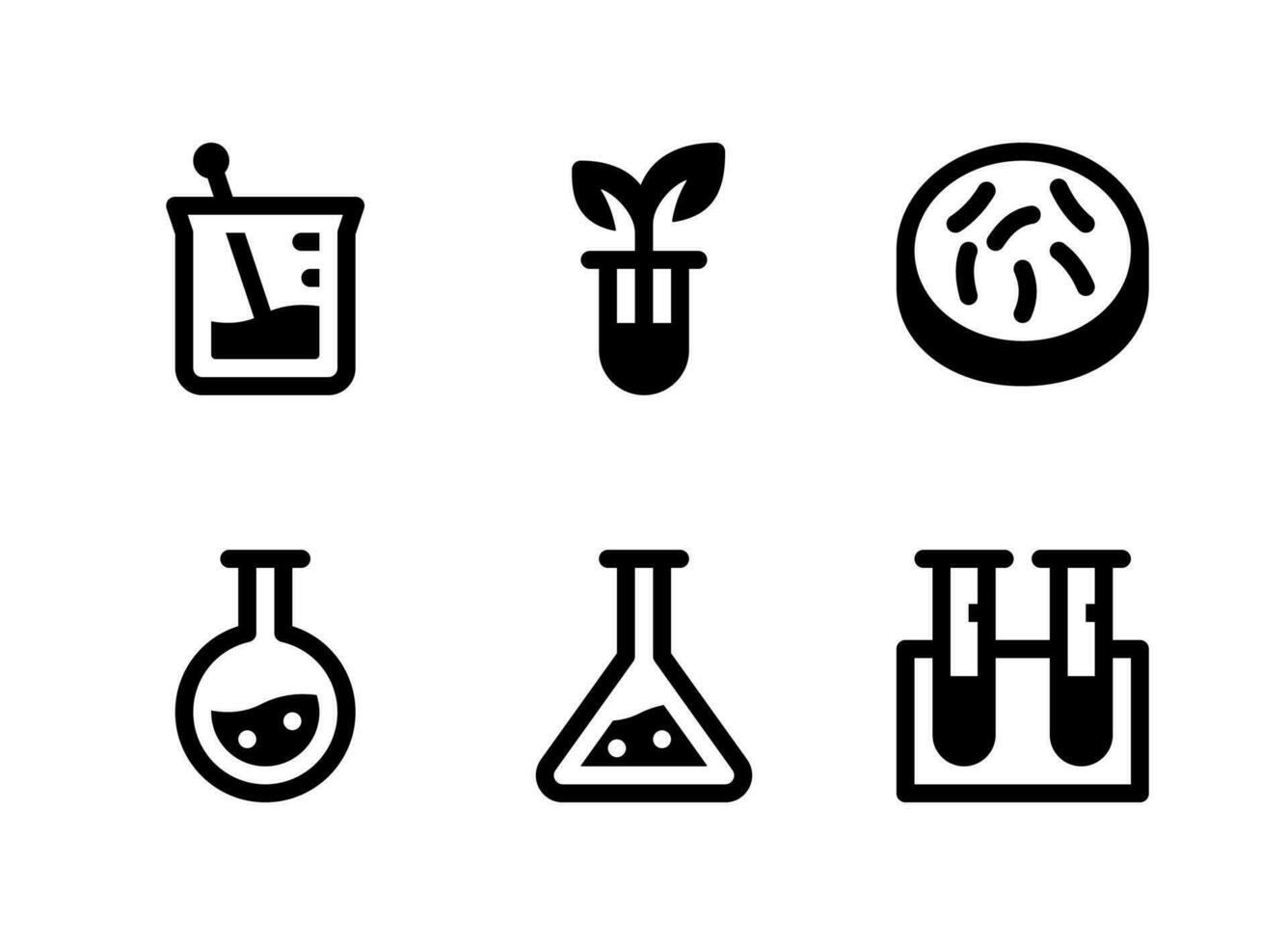 simple conjunto de iconos sólidos vectoriales relacionados con el laboratorio. contiene iconos como gérmenes, química, probeta, laboratorio de botánica y más. vector