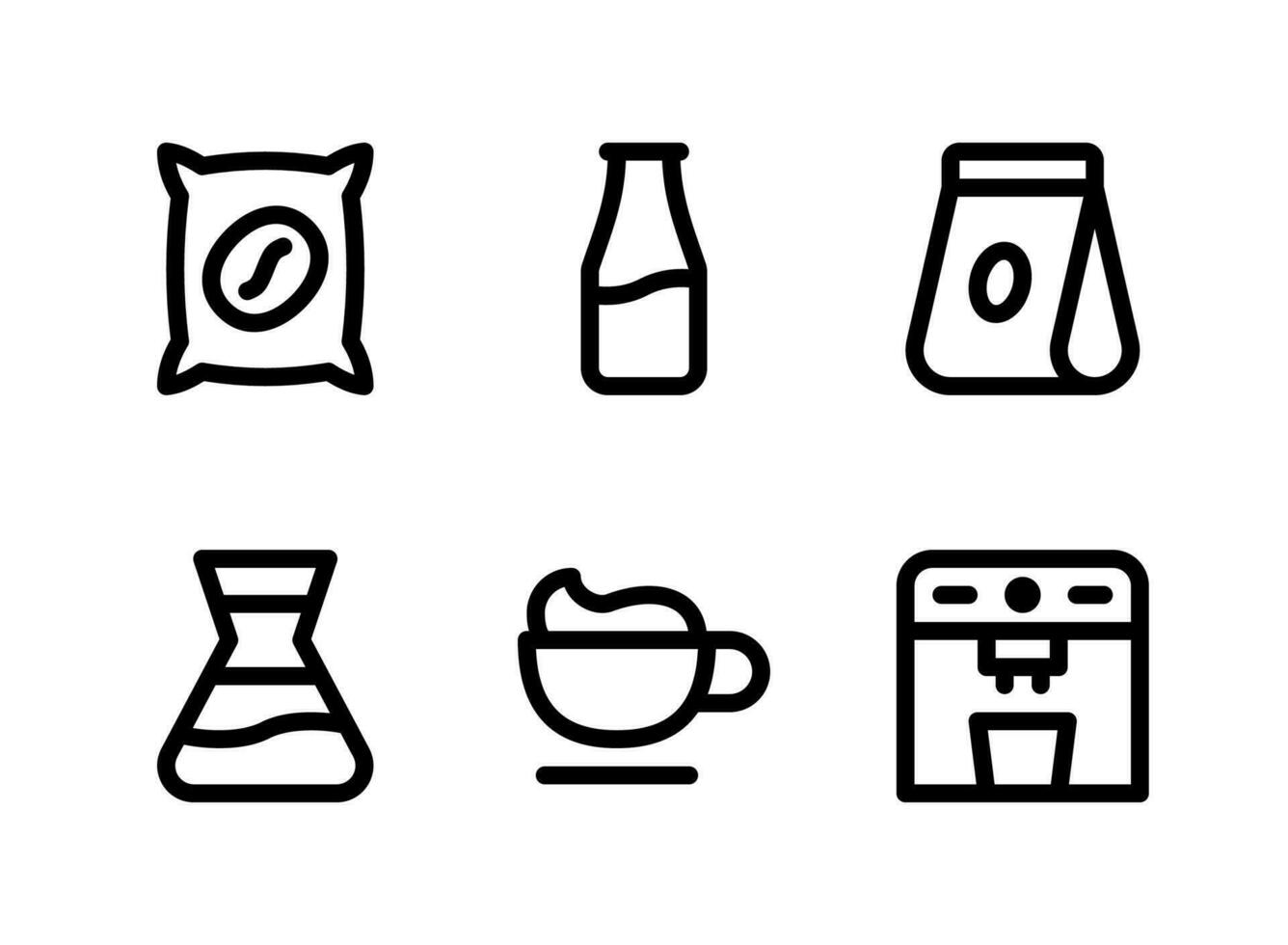 simple conjunto de iconos de línea de vectores relacionados con la cafetería. contiene iconos como bolsa de café, botella de leche, paquete, café con leche y más.