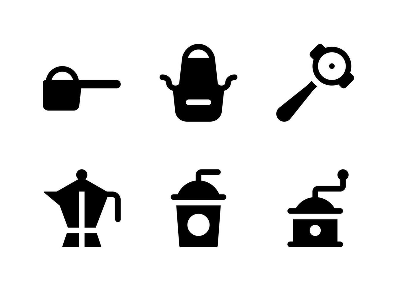 Simple Set of Coffee Shop Related Vector Solid Icons. Contains Icons as Grinder, Scoop Sugar, Pot, Ice Coffee and more.