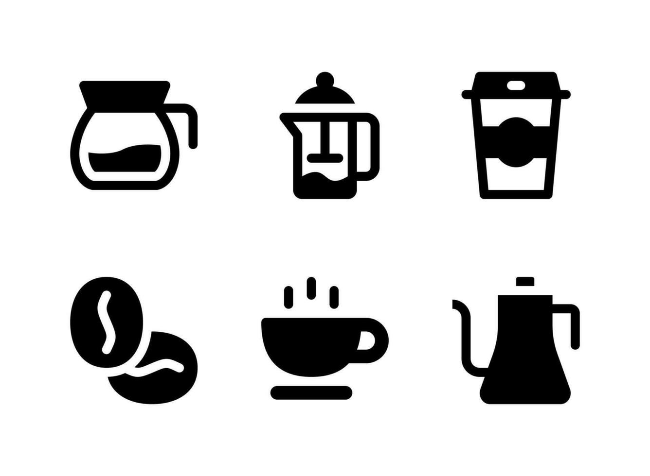 conjunto simple de iconos sólidos vectoriales relacionados con la cafetería. contiene iconos como jarra, taza, granos de café, hervidor de agua y más. vector