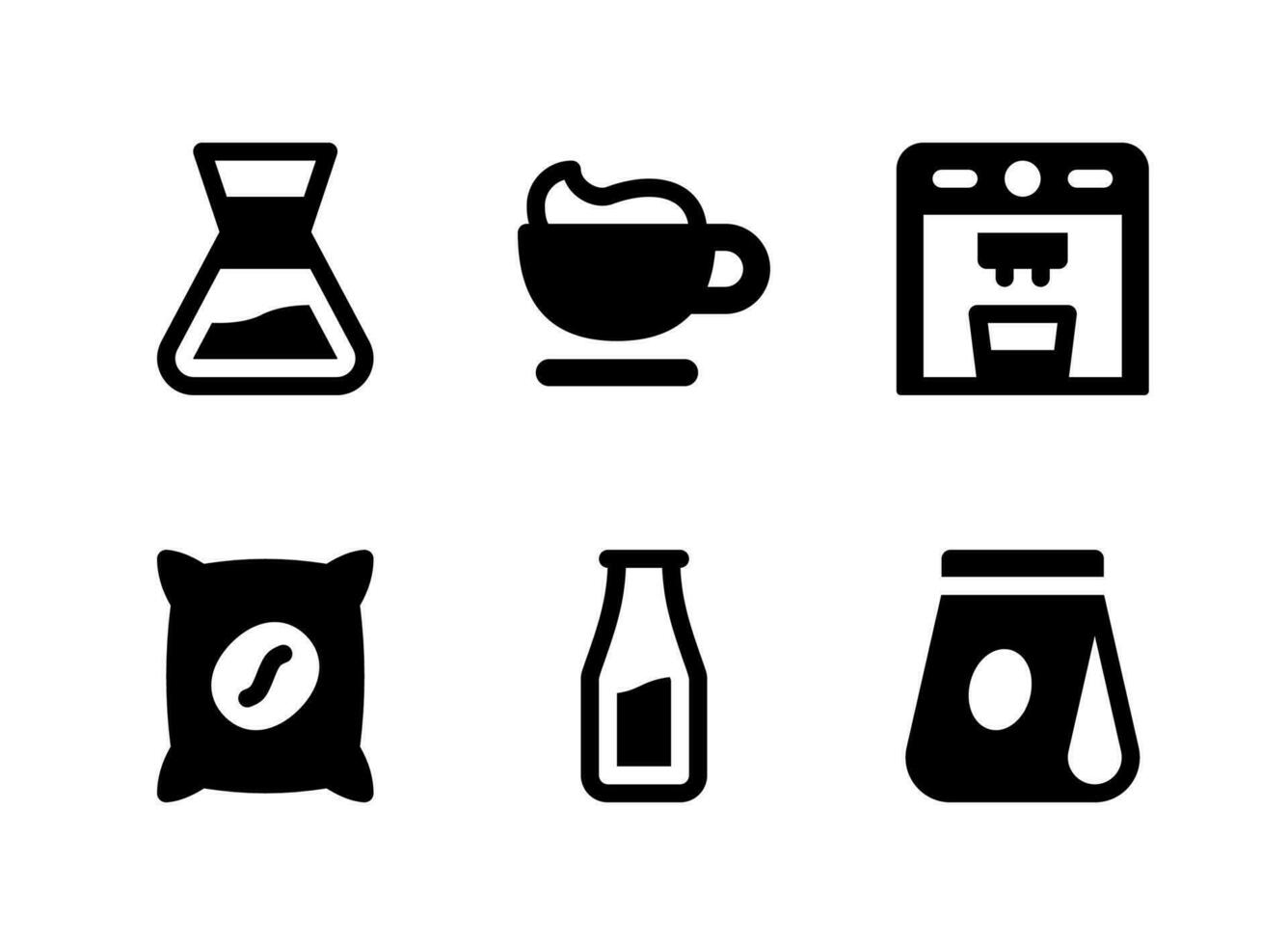 Simple Set of Coffee Shop Related Vector Solid Icons. Contains Icons as Latte, Coffee Bag, Bottle Milk, Pack and more.