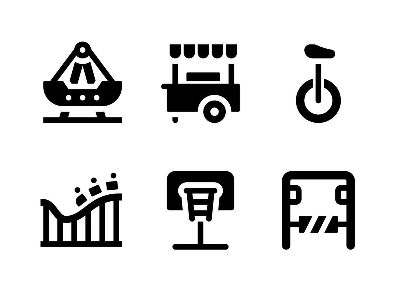 Simple Set of Playground Related Vector Solid Icons. Contains Icons as Swing Ship, Basketball, Amusement Park, Roller Coaster and more.