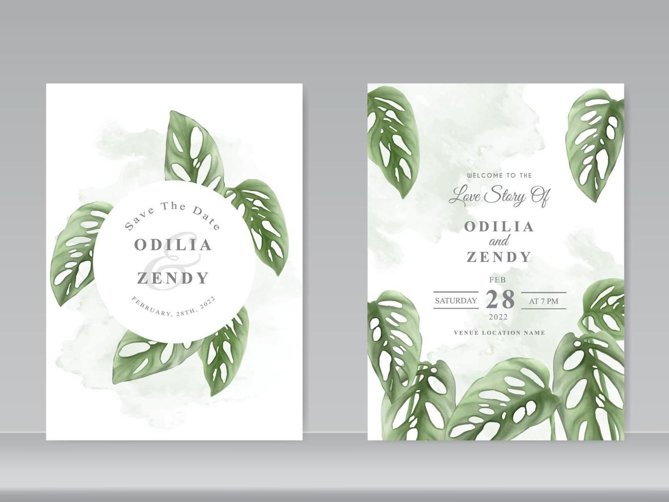 tarjetas de invitación de boda con diseño floral verde vector