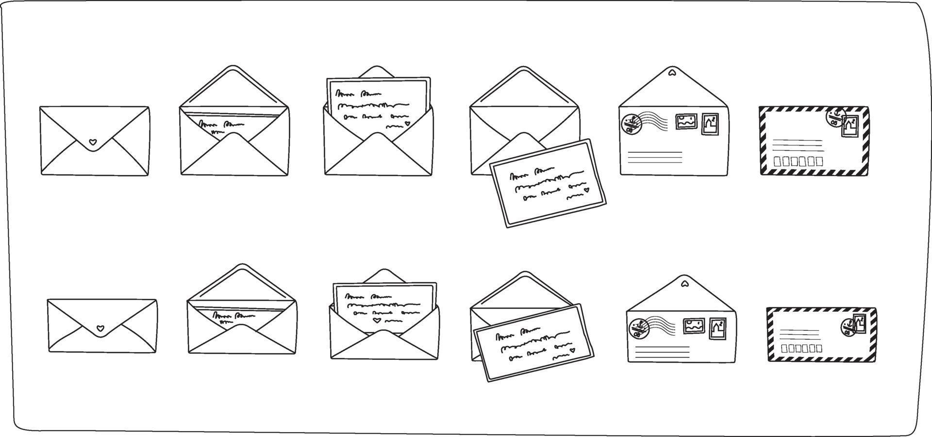 Outline post card and envelope set. Modern handdrawn postal cards and