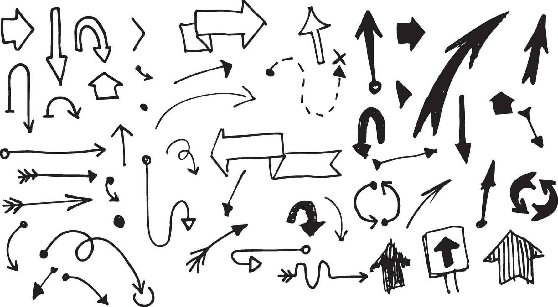 un gran conjunto de flechas vectoriales dibujadas a mano. flechas de doodle aisladas en blanco. vector