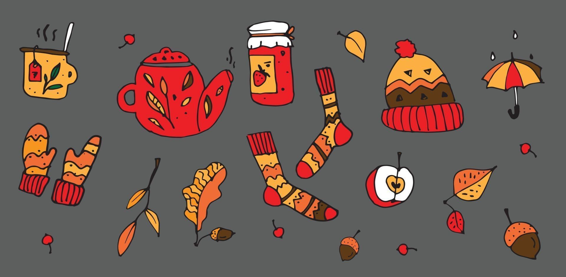 Vector set of autumn cozy elements socks, falling leaves, food, teapot. Scrapbook collection of fall season icons. Cute background for harvest time. Autumn greeting card