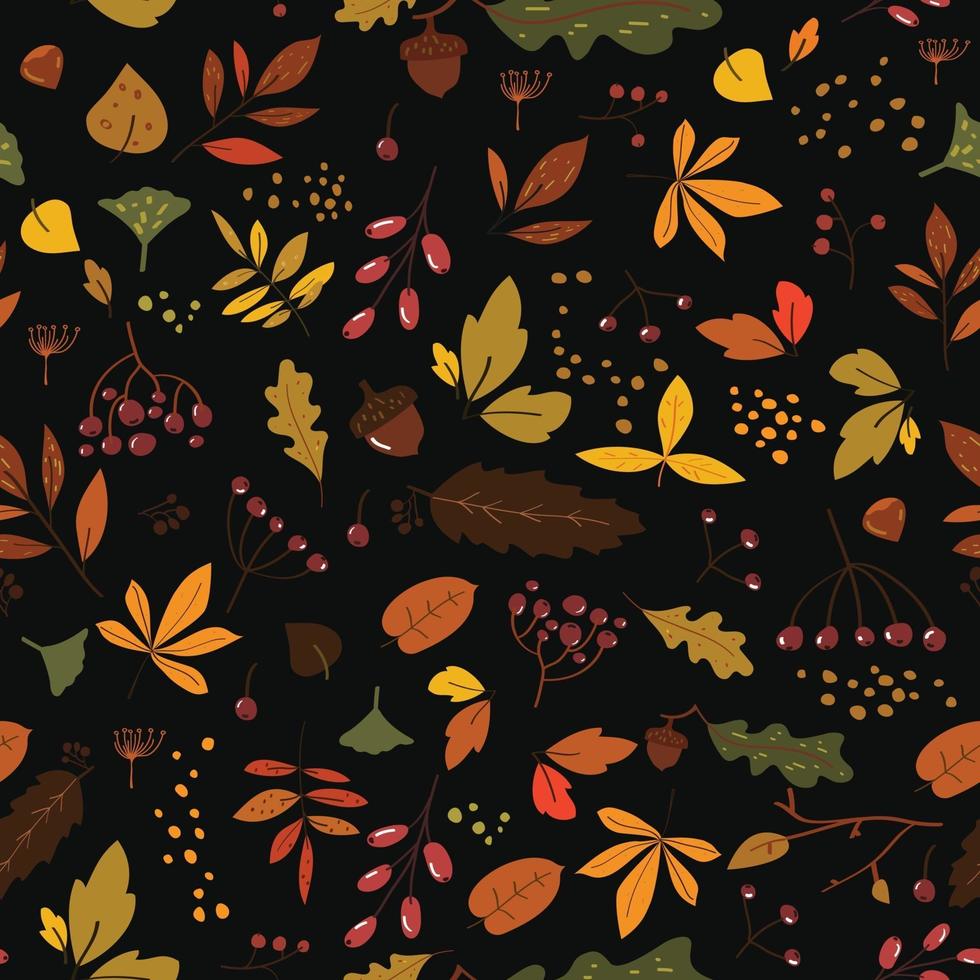 patrón transparente con hojas de otoño en naranja, marrón y amarillo. lindo diseño de moda para tela, papel tapiz, papel de envolver. estilo escandinavo repetido fondo negro con hojas. mano dibujar textura. vector