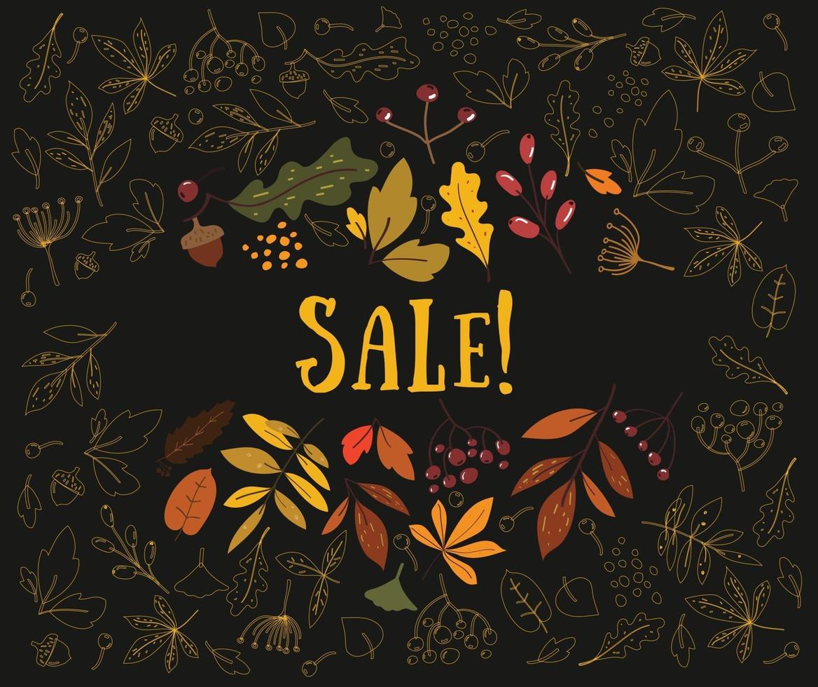 Autumn sale. Autumn leaves are drawn on a black background. Sketch, design elements. Vector illustration. Scandinavian design.