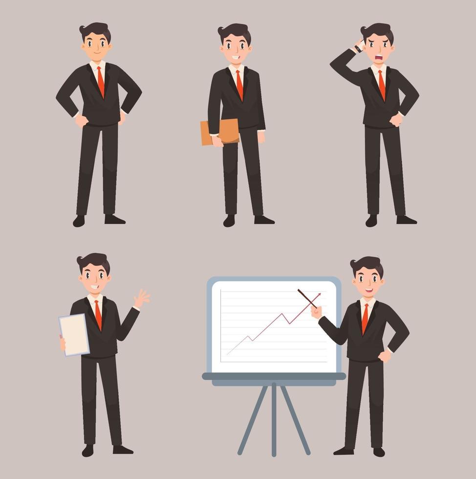 business man character pose flat illustration set vector
