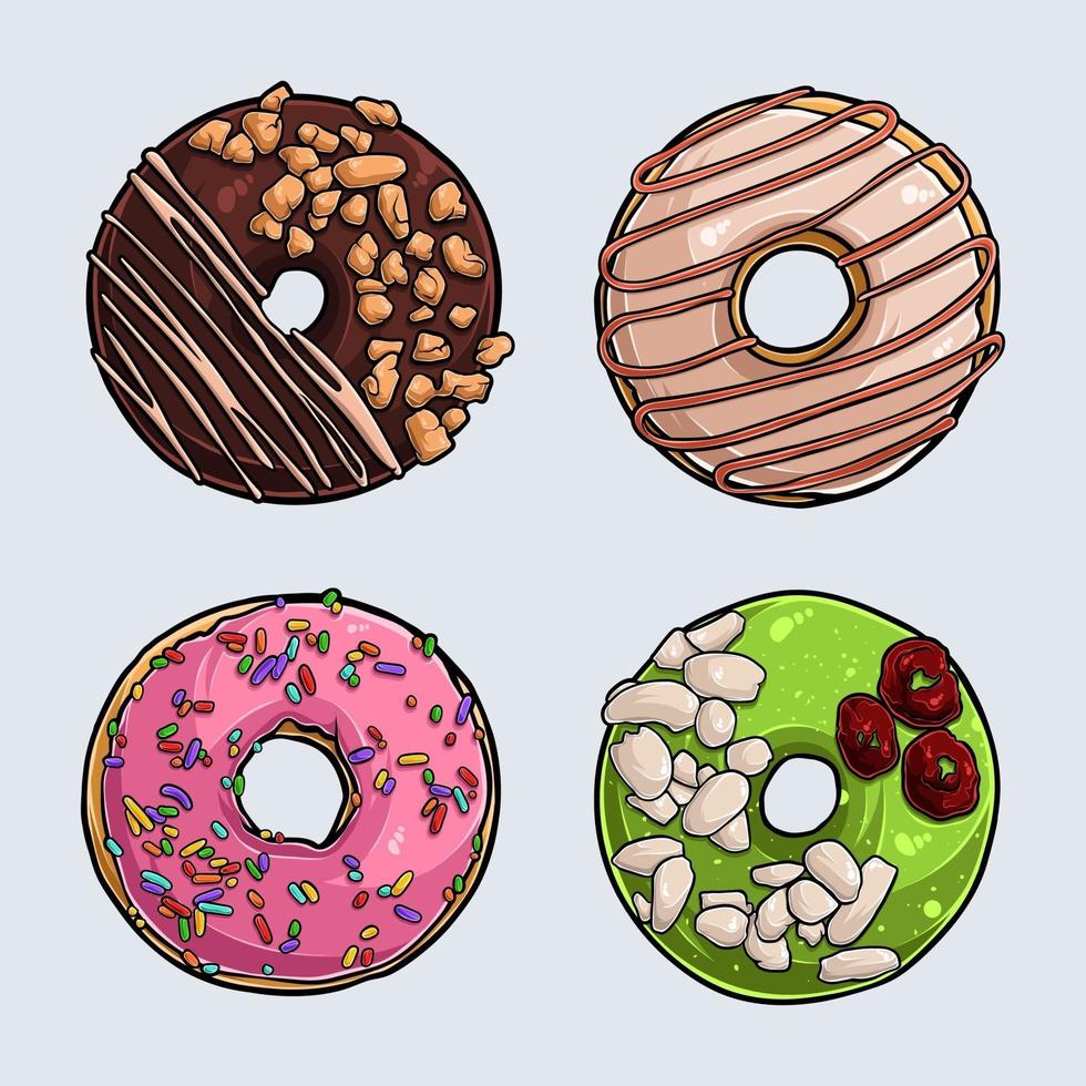 Conjunto de diferentes deliciosas donas con glaseado rosa, chocolate, pistacho y crema. vector