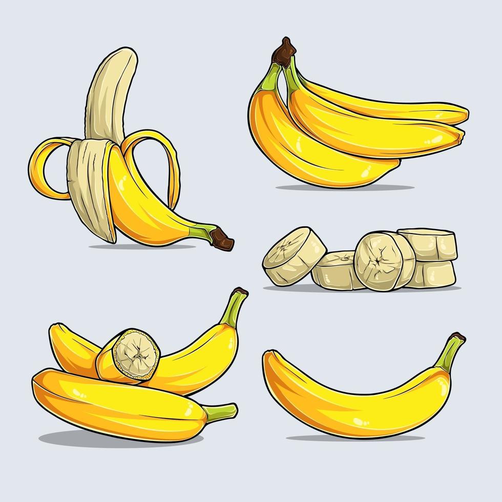 Conjunto de varios frutos de plátano amarillo maduros enteros y picados aislados vector