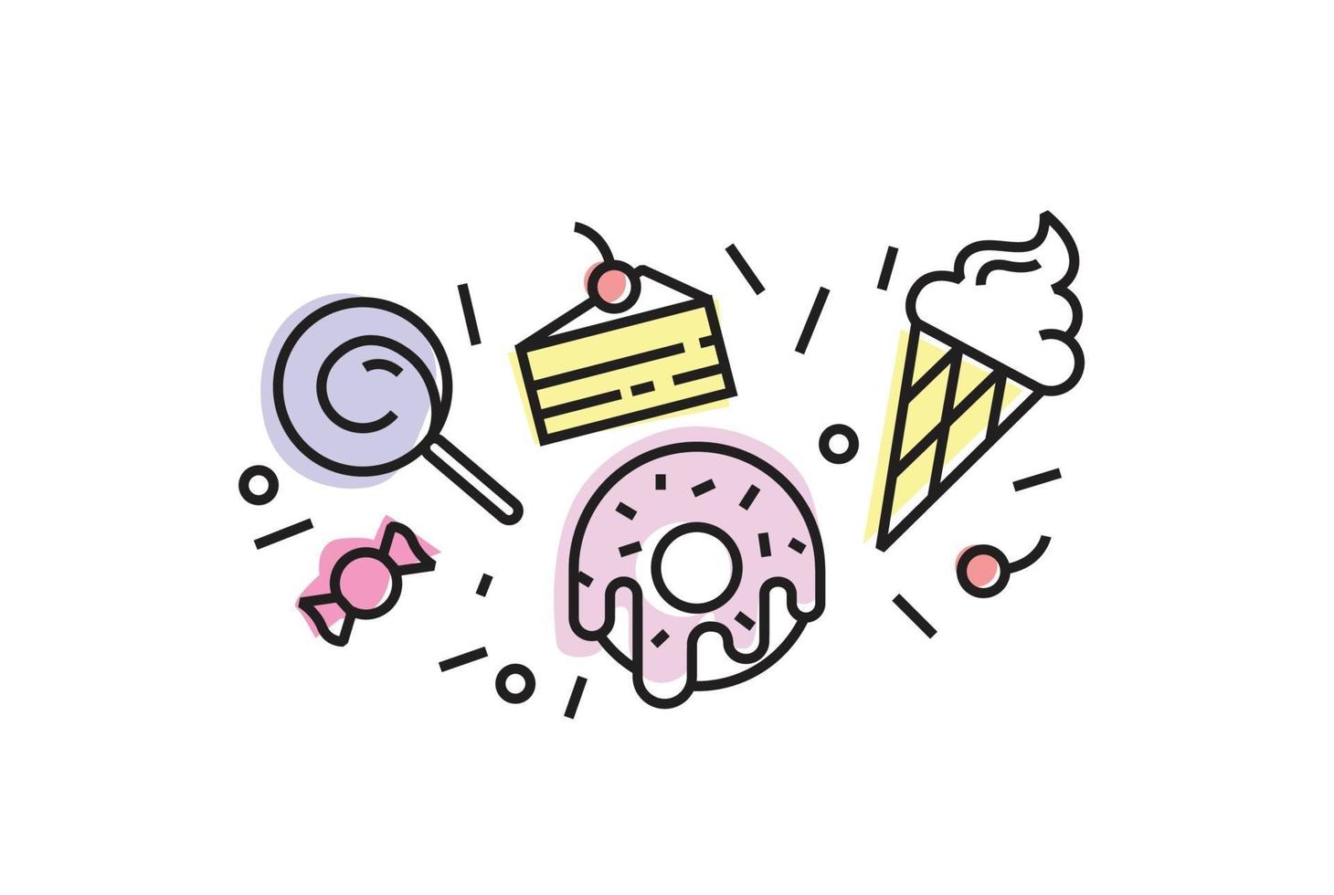 Set of colorful sweets icons isolated. Trendy linear style, ice cream, donut, lollypop, cake, candy. vector