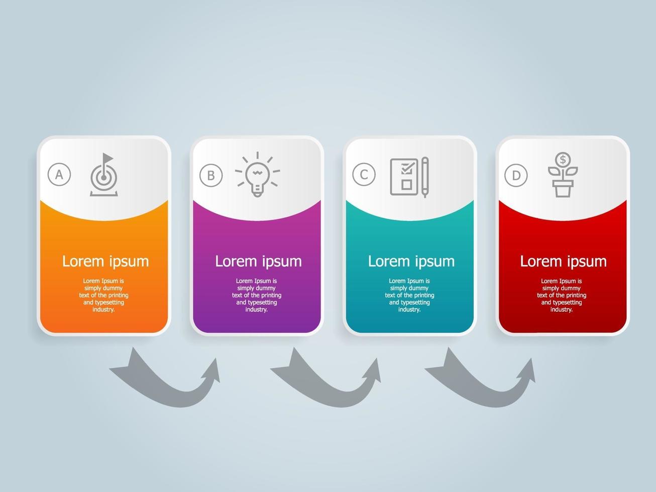 Horizontal business infographics template design with icons, 4 steps or options vector