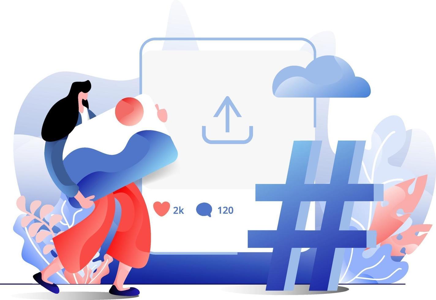 Social Media flat illustration of the concept of a woman uploading an image on the website, perfect for landing pages, templates, UI, web, mobile app, posters, banners, flyers. vector