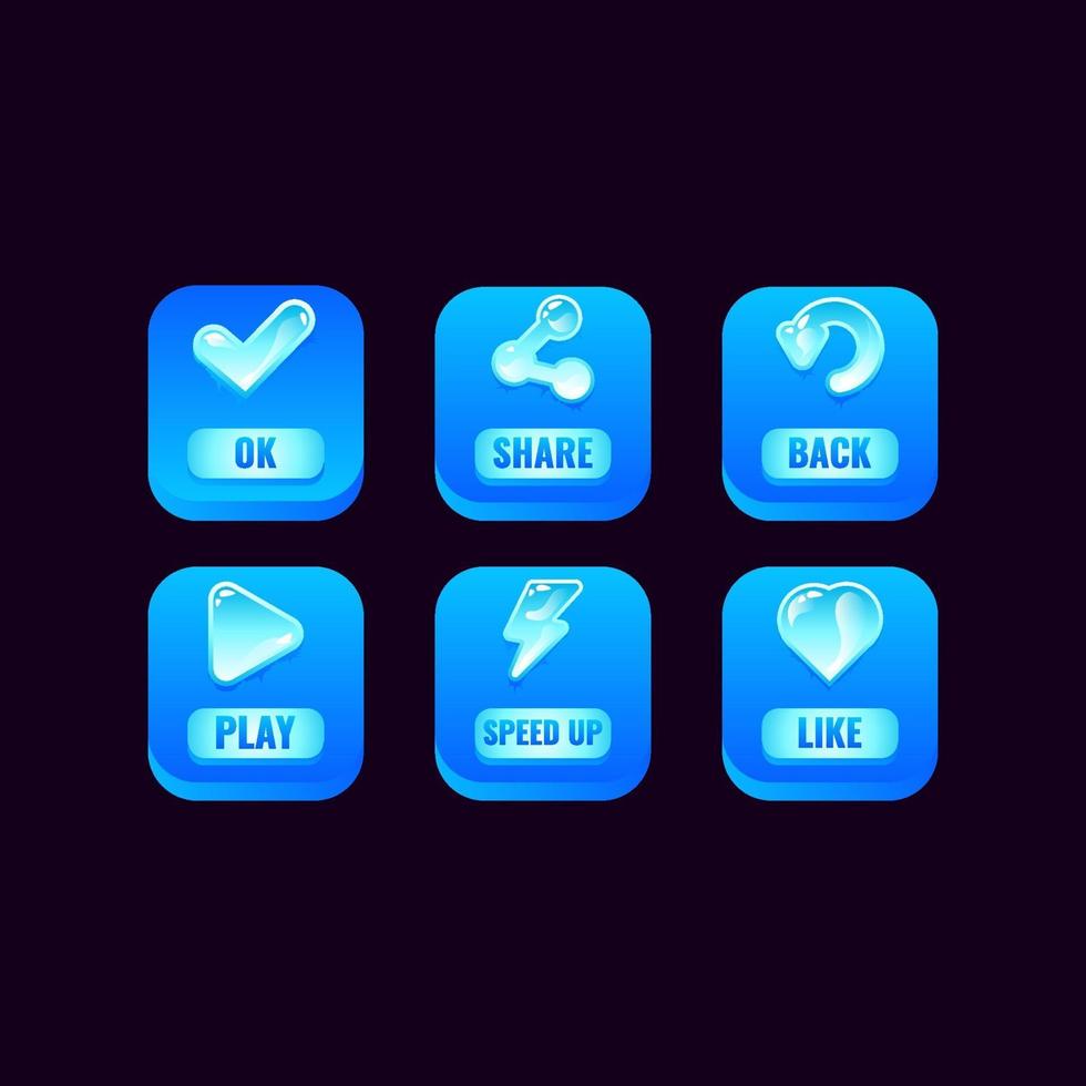 set of square ice buttons with jelly icons for game ui asset elements vector illustration