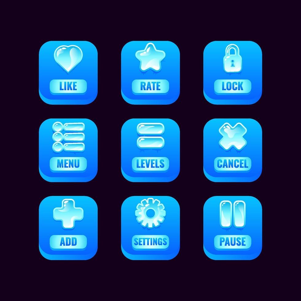 collection set of square ice buttons with jelly icons for game ui asset elements vector illustration