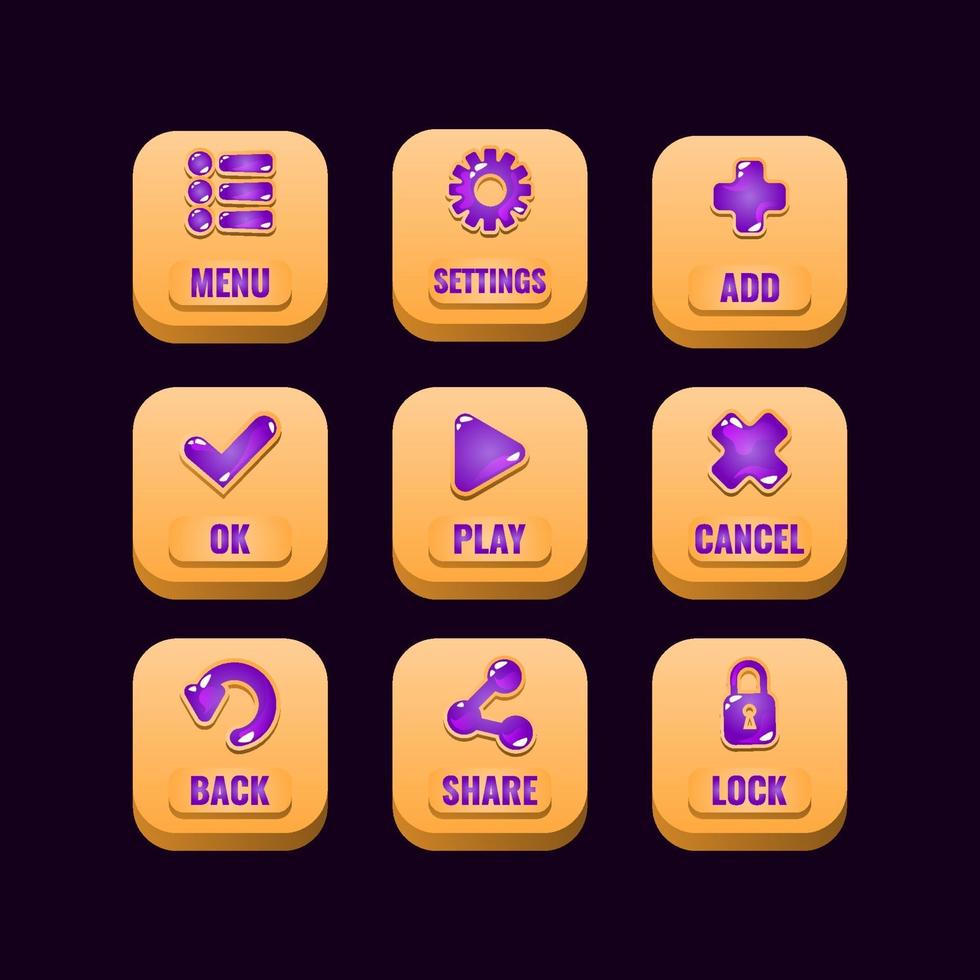 collection set of square wooden buttons with jelly icons for game ui asset elements vector illustration