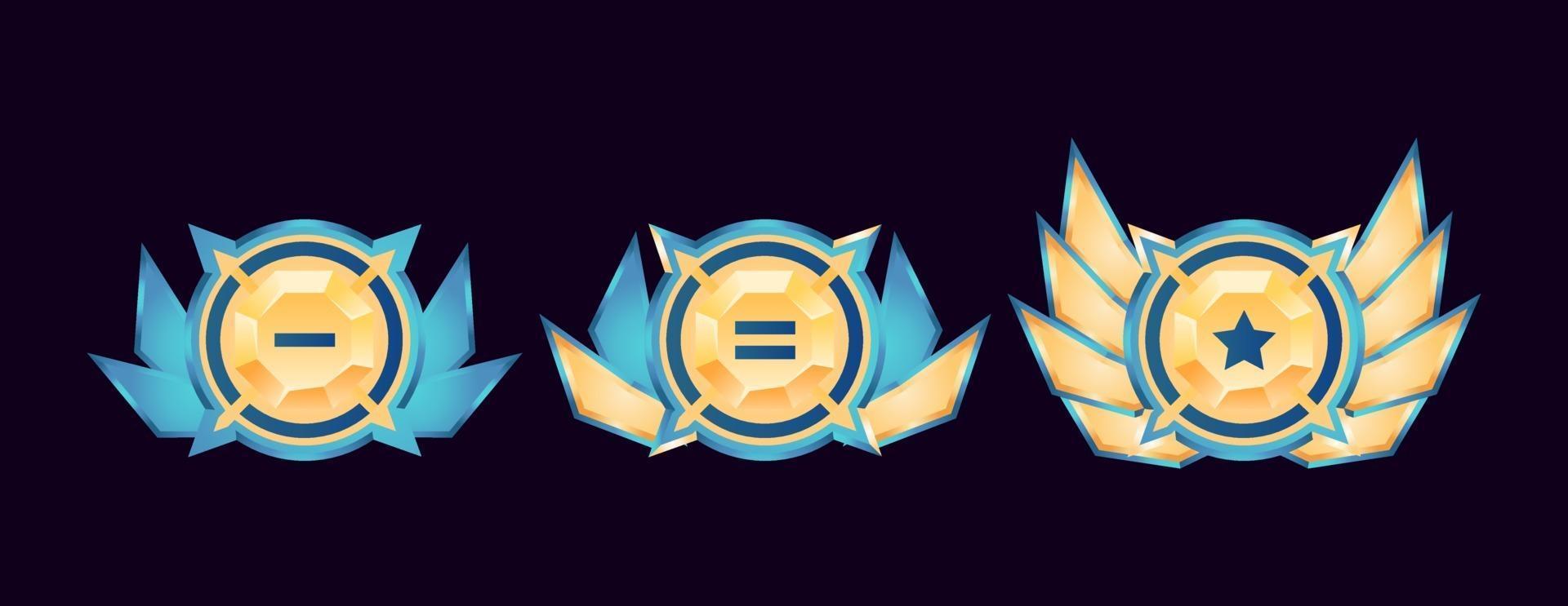 game ui glossy rounded golden diamond rank badge medals with wings vector