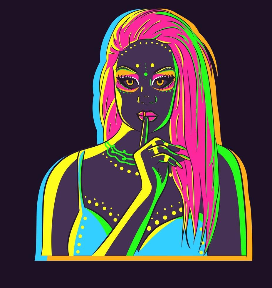 mujer de neón con maquillaje de festival susurrando que se calle. fabulosa drag queen con una peluca rosa que dice "shh". chica bajo luces brillantes usando lenguaje corporal. vector