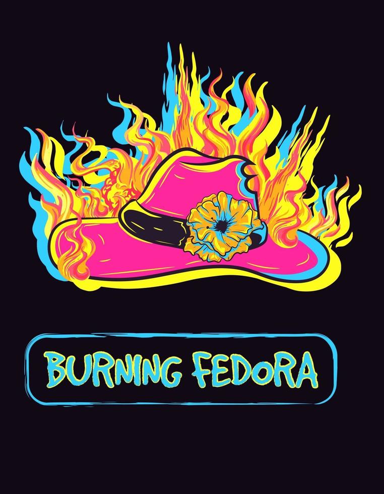 Card illustration of a pink fedora with a rose burning. Hat on fire vector with neon lights. Fashion and glamourous head wear.