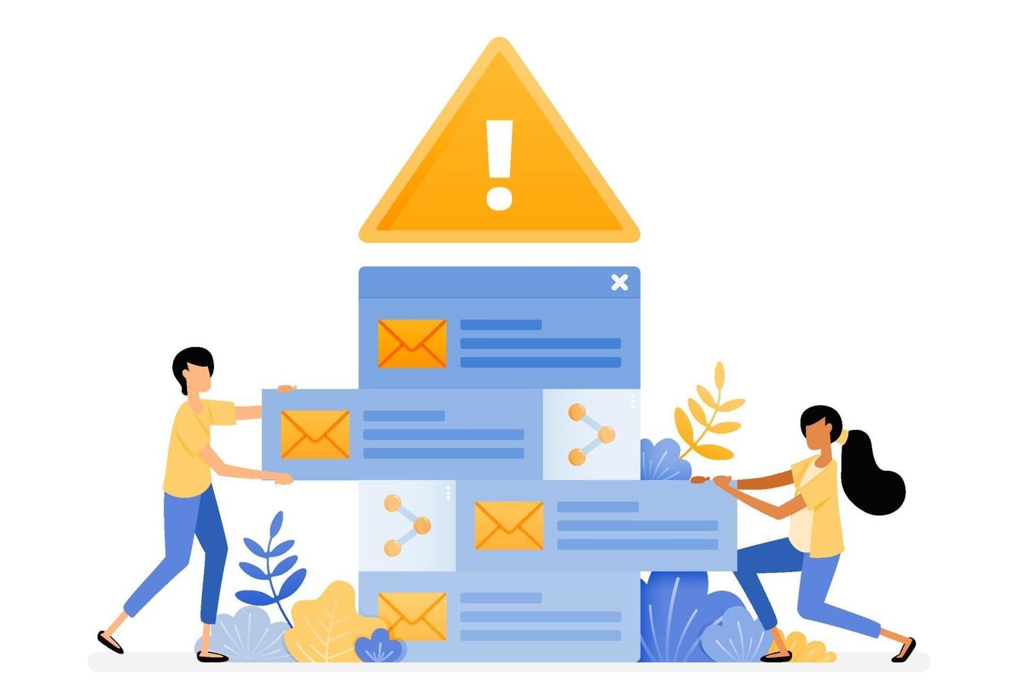 diseño de banner vectorial de alertas de error para clasificar los correos electrónicos entrantes que contienen virus de malware. El concepto de ilustración se puede utilizar para la página de destino, plantilla, ui ux, web, aplicación móvil, póster, banner, sitio web vector