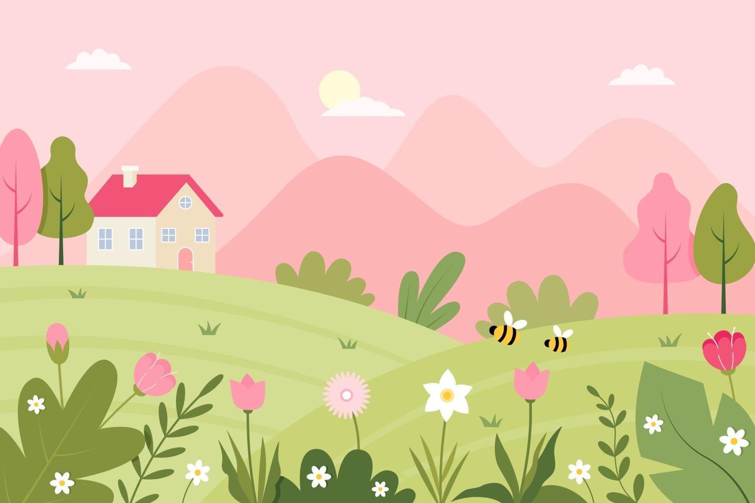 Spring Landscape with Cute House and Flowers Illustration vector