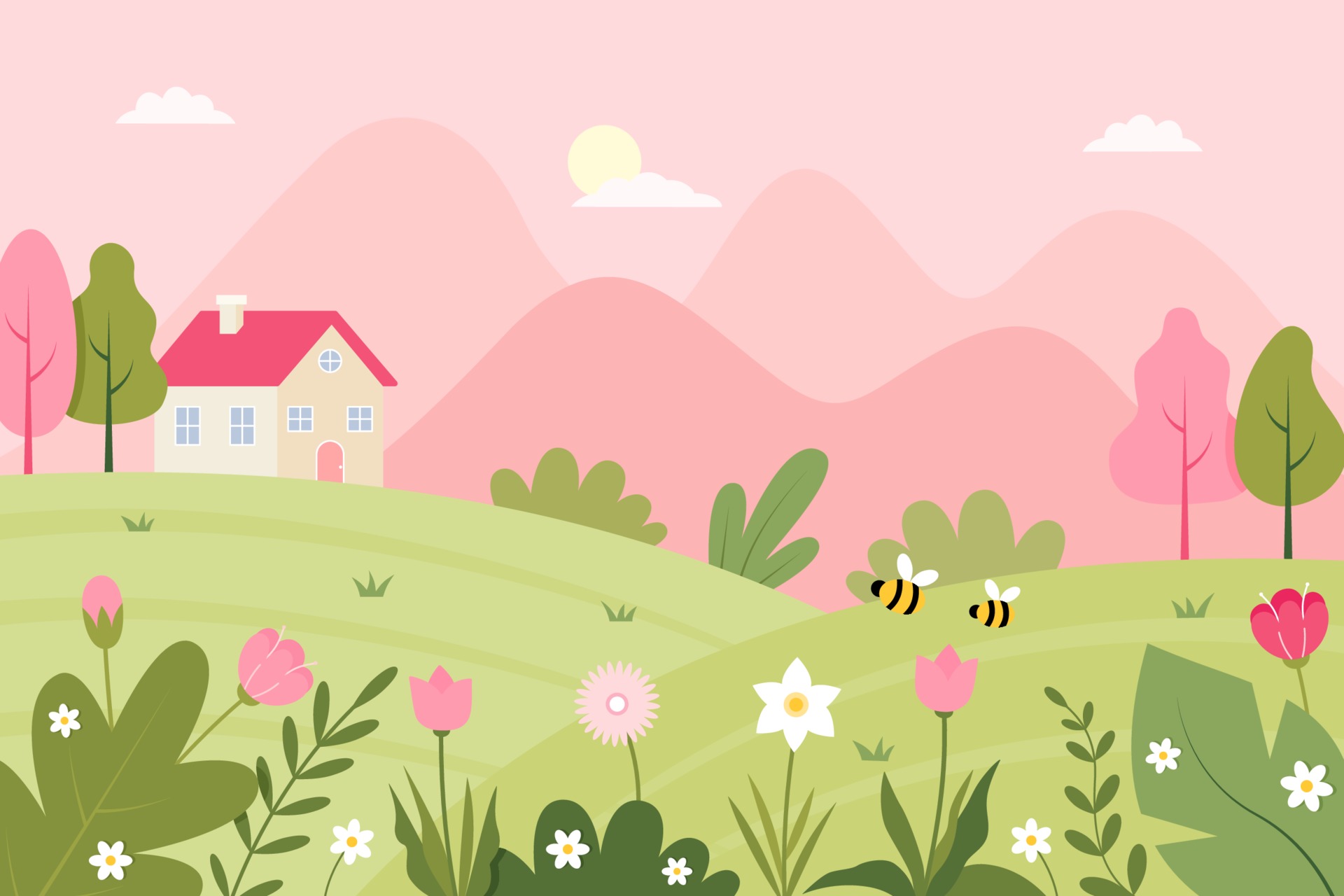 Spring Landscape with Cute House and Flowers Illustration 2223437 ...