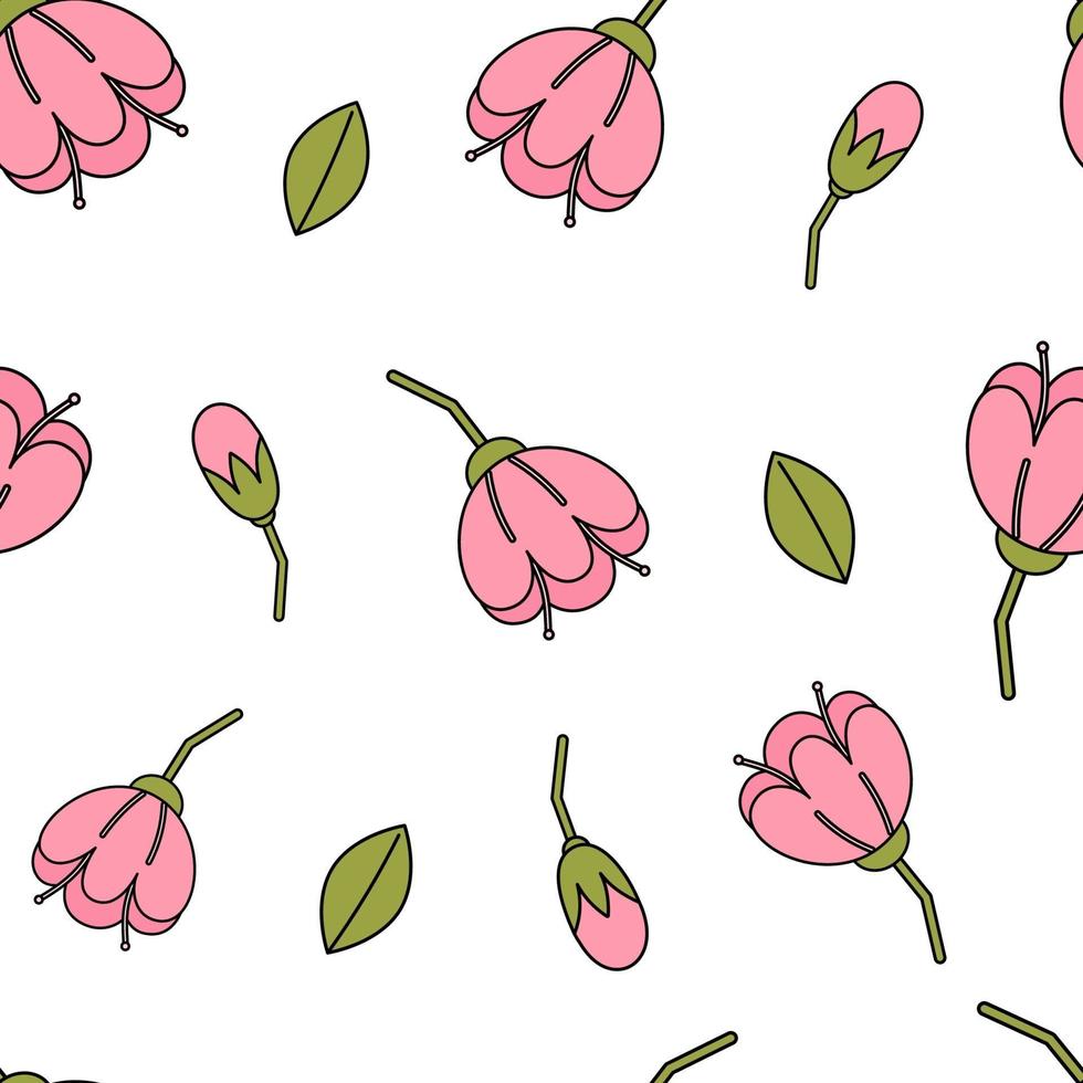 Pink Flowers and Buds Seamless Repeat Vector Pattern