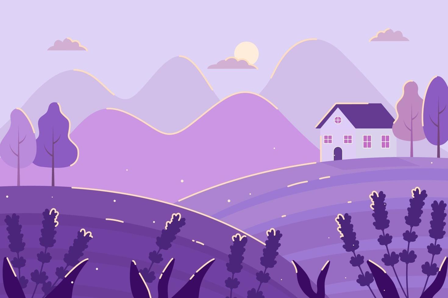 Night Time Landscape Illustration with Cute House and Lavenders vector