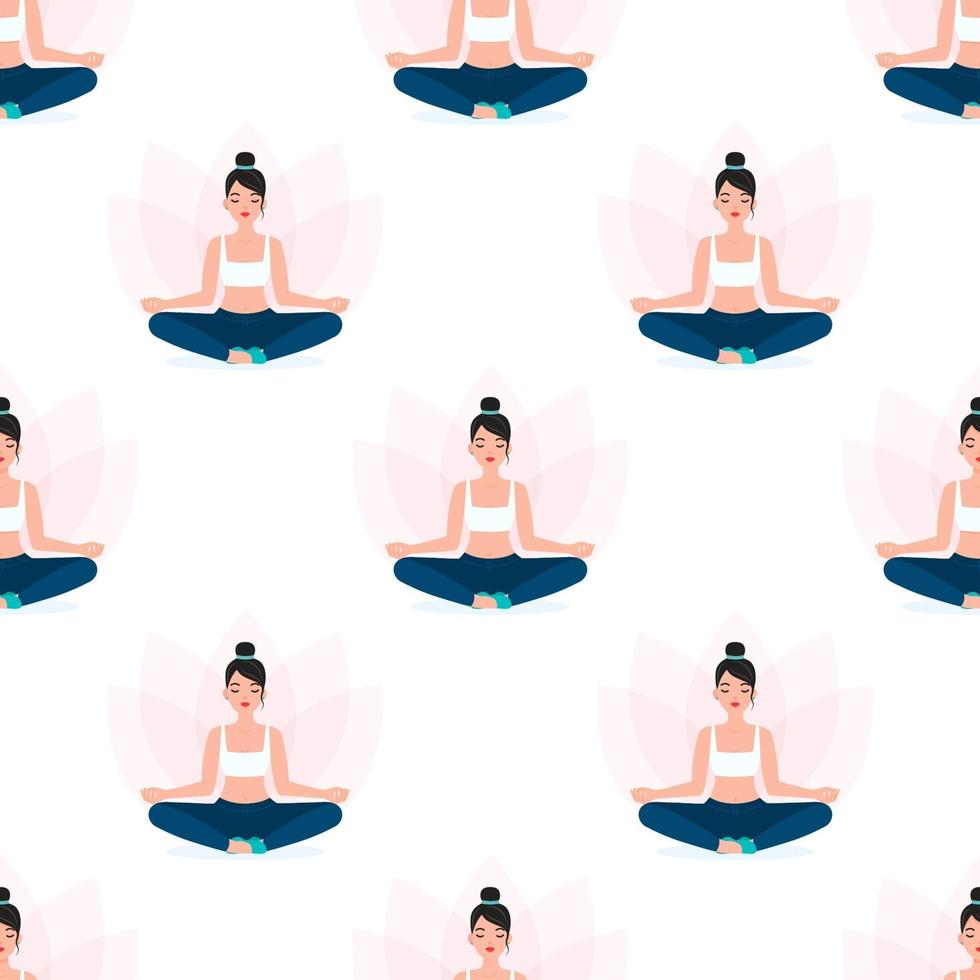 Woman Meditating, Yoga Seamless Pattern vector
