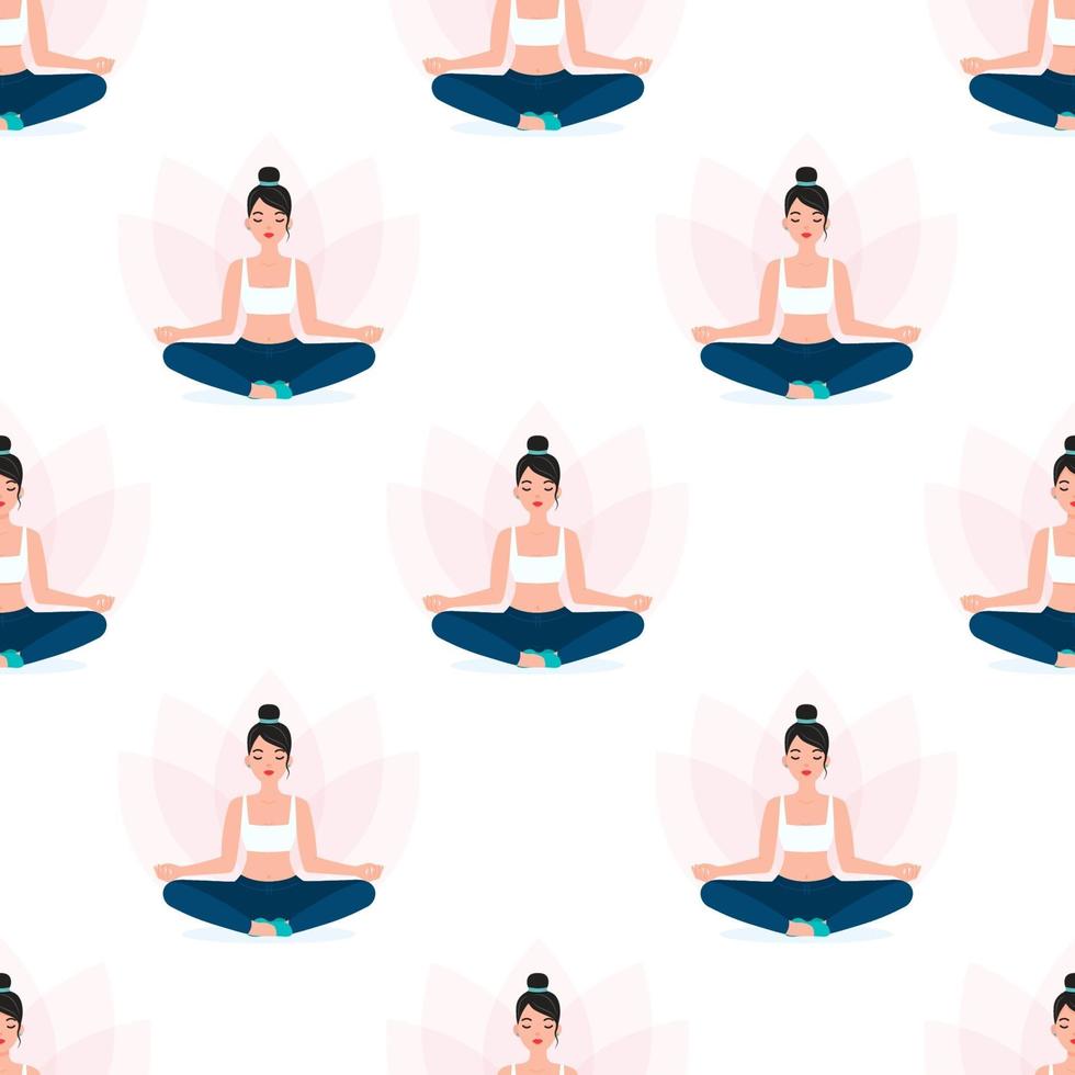 Woman Meditating, Yoga Seamless Pattern vector