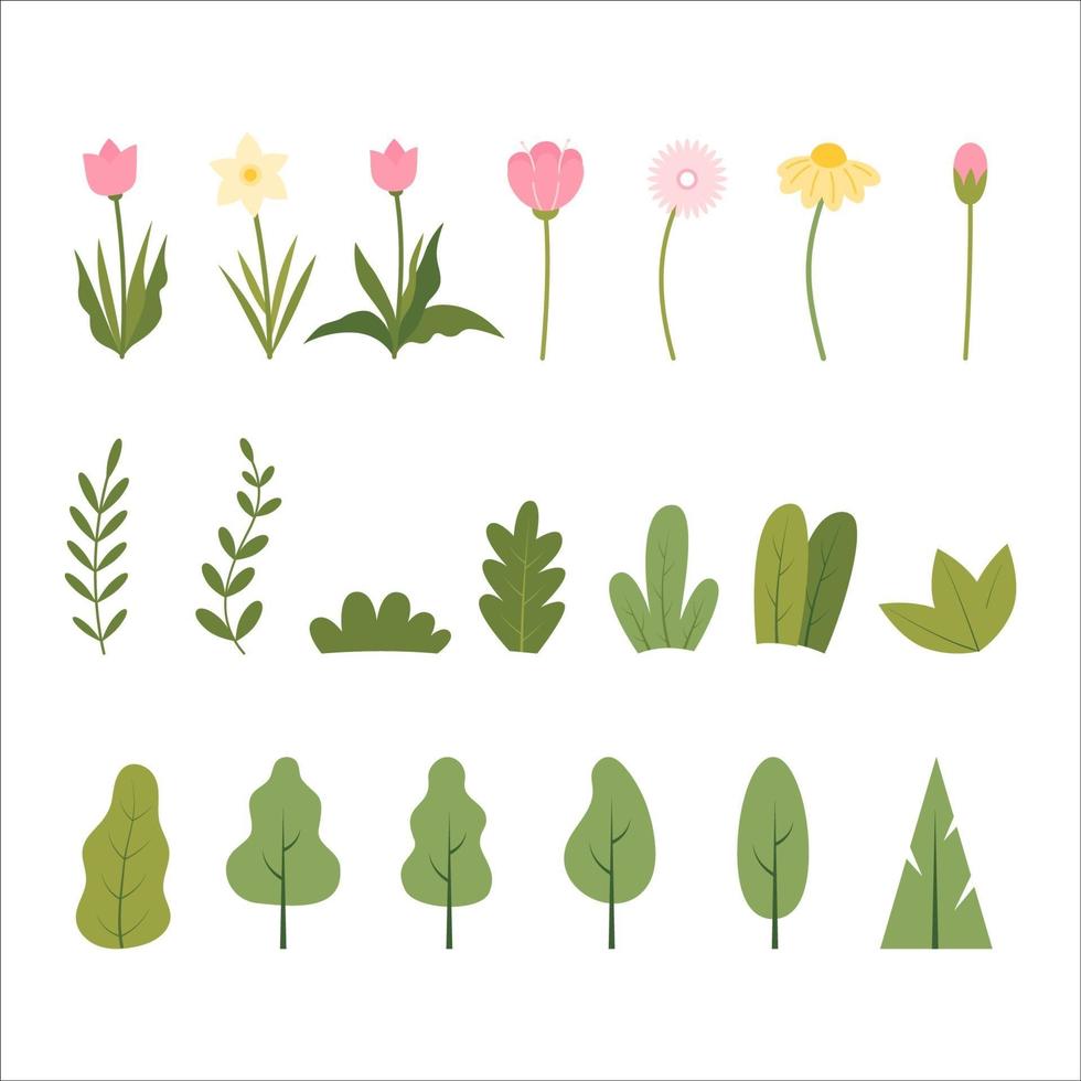 Set of Spring Flowers, Leaves, and Trees Flat Vectors