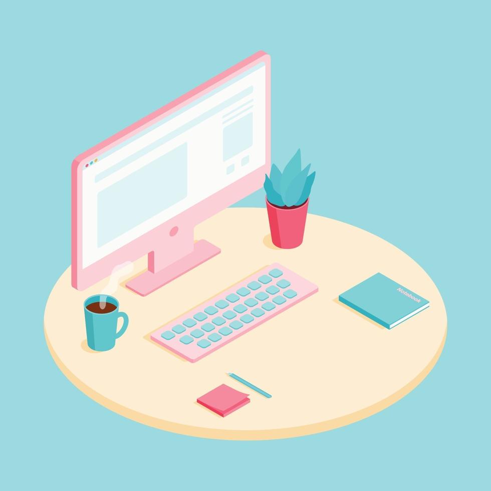 The Isometric Workstation with Computer Flat Vector Illustration