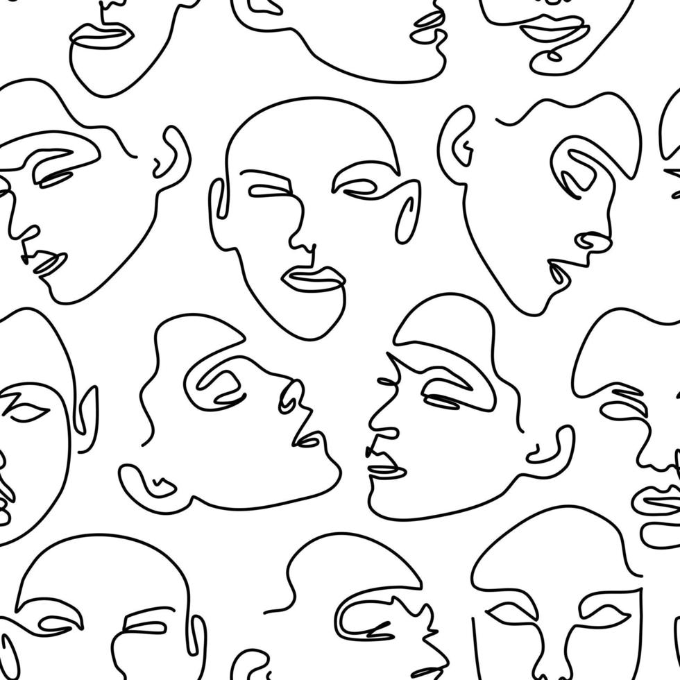 Seamless pattern with female portraits. One line drawing. vector