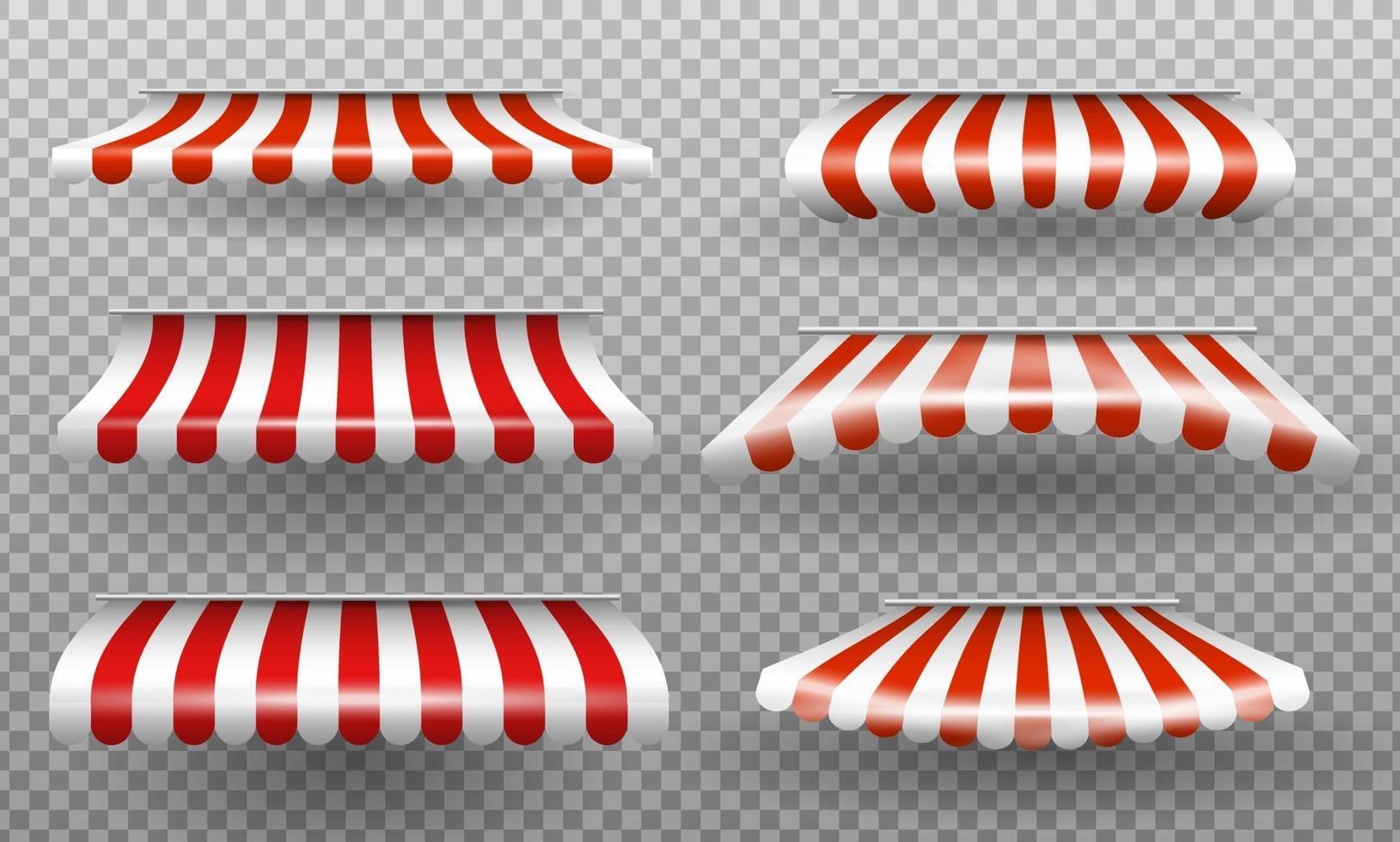 Red and white sunshade. Outdoor awnings for cafe and shop window isolated vector set. Sunshade for market or store.