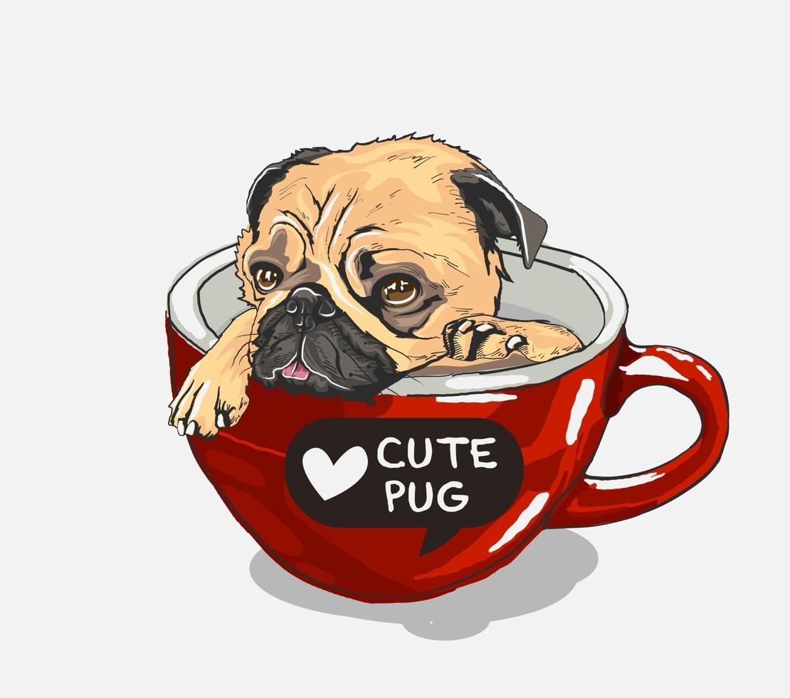 Cute Pug in cup. Print for t-shirt. vector