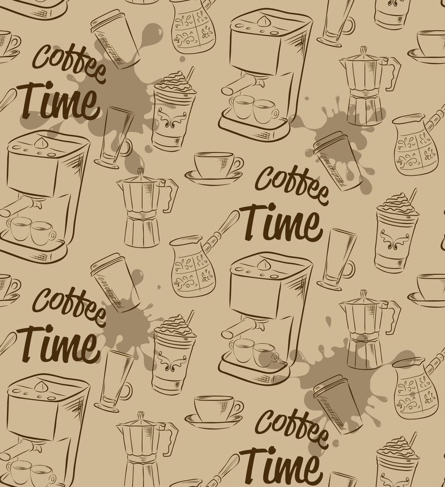 Hand drawn seamless pattern with various kinds of coffee and devices for coffee making. vector