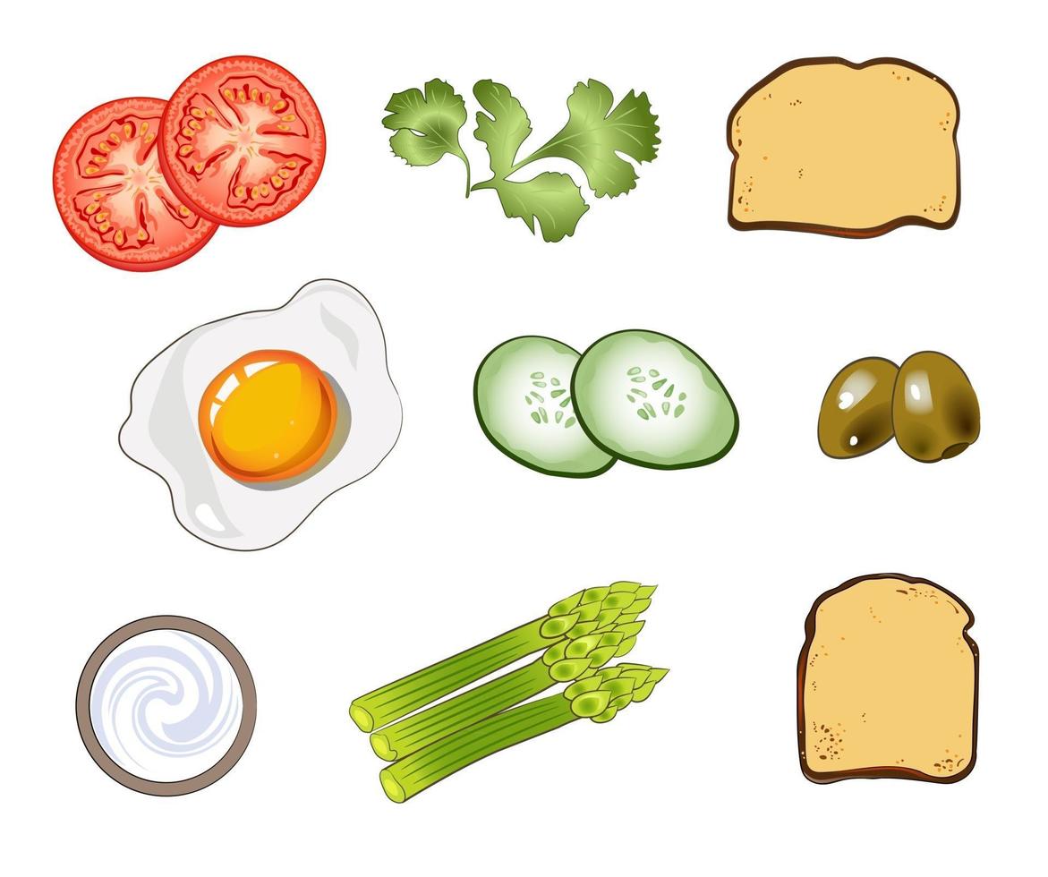 A set of ingredients, omelette, asparagus, toast, tomatoes, cucumbers, olives, sour cream and parsley vector