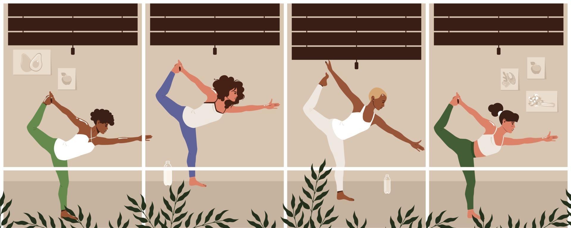 mujeres juntas en clase de yoga. grupo de personas activas sonrientes que realizan ejercicios gimnásticos o aeróbicos. ilustración vectorial de dibujos animados plana vector