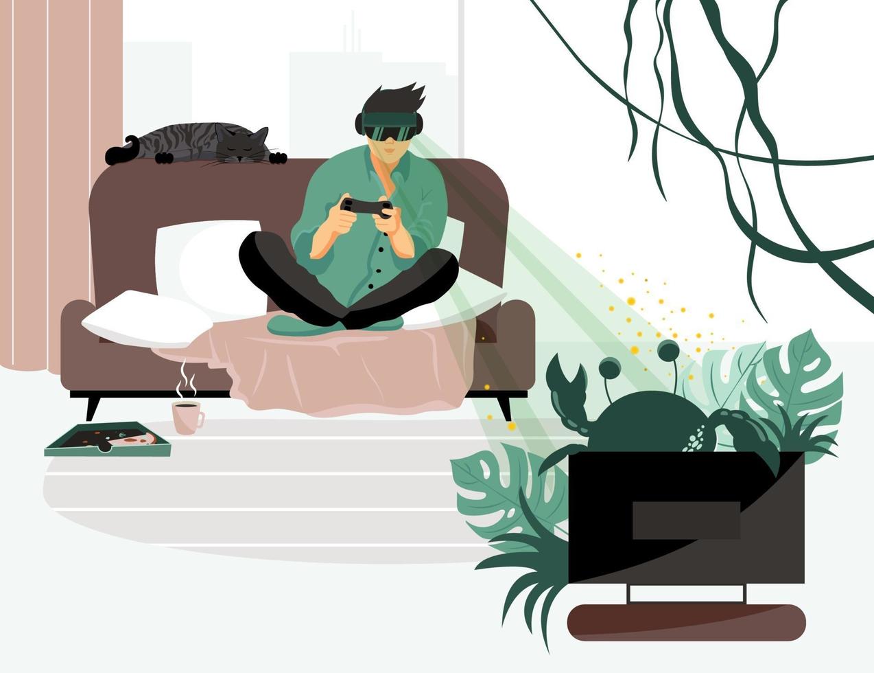 A young man plays video games while sitting on the couch wearing virtual reality glasses. Flat vector illustration