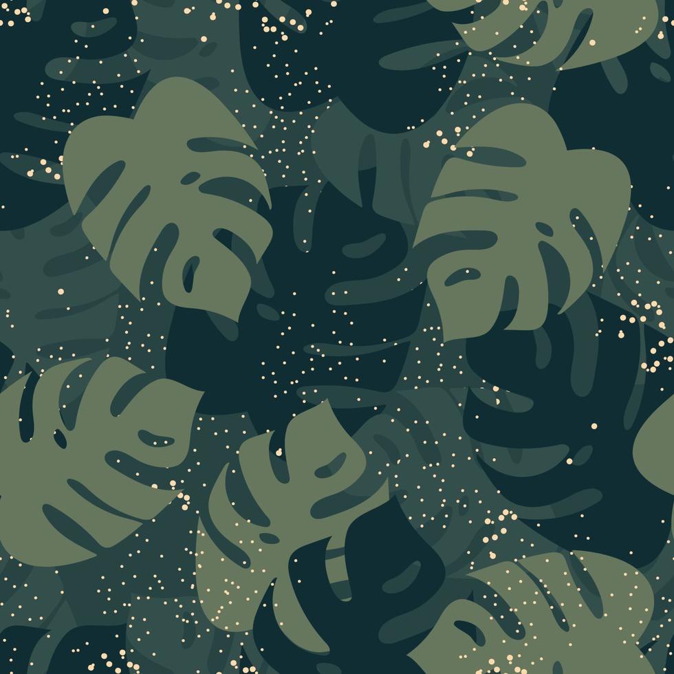 Monstera leaves and fireflies seamless pattern. Natural background with jungle greenery. Flat vector illustration