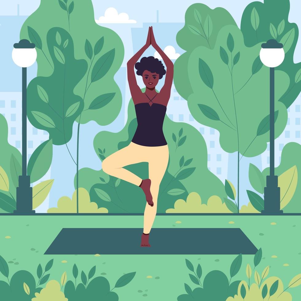 joven afroamericana practica yoga en un parque de la ciudad al aire libre. la niña medita en la naturaleza. ilustración vectorial plana vector