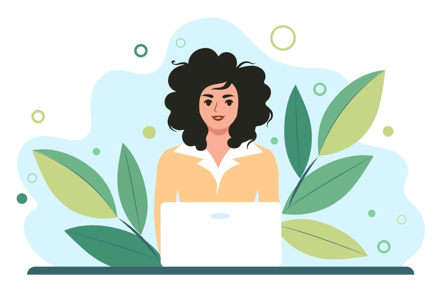 Woman works behind a laptop monitor. Distance learning online or remote work. Flat vector illustration