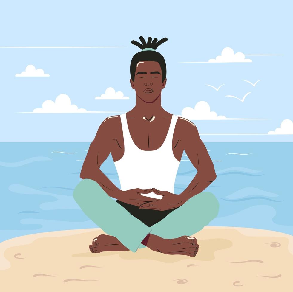 African american man practices yoga by the sea. Young guy sits on the beach in the lotus position. The concept of relaxation and asana on vacation. Flat vector illustration