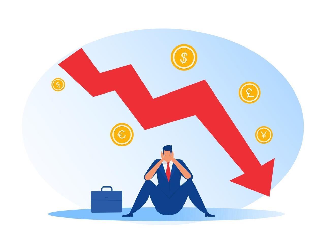 stressed businessman sits down under downward arrow on chart vector