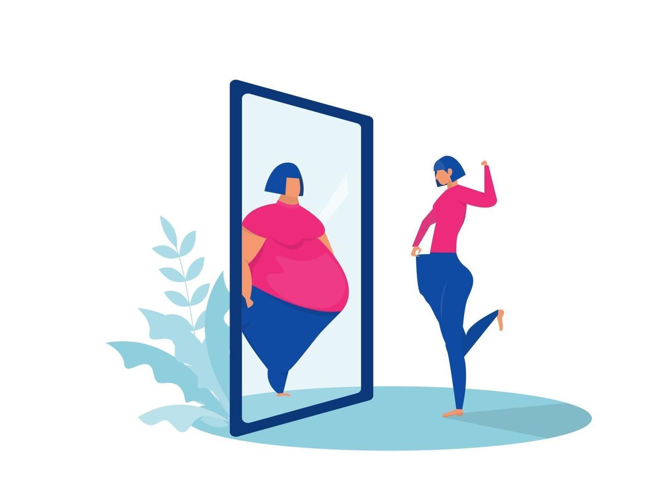 fat lady looking at mirror sees fit reflection, before and after concept vector