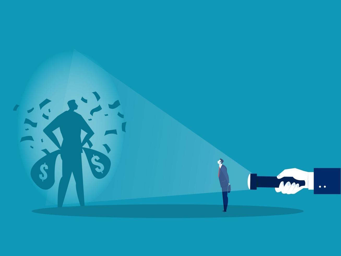 Businessman sees rich shadow by flashlight vector